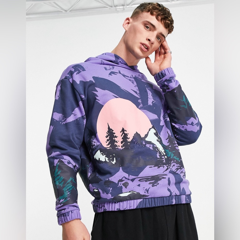 ASOS DESIGN oversized hoodie in purple with all over mountain print